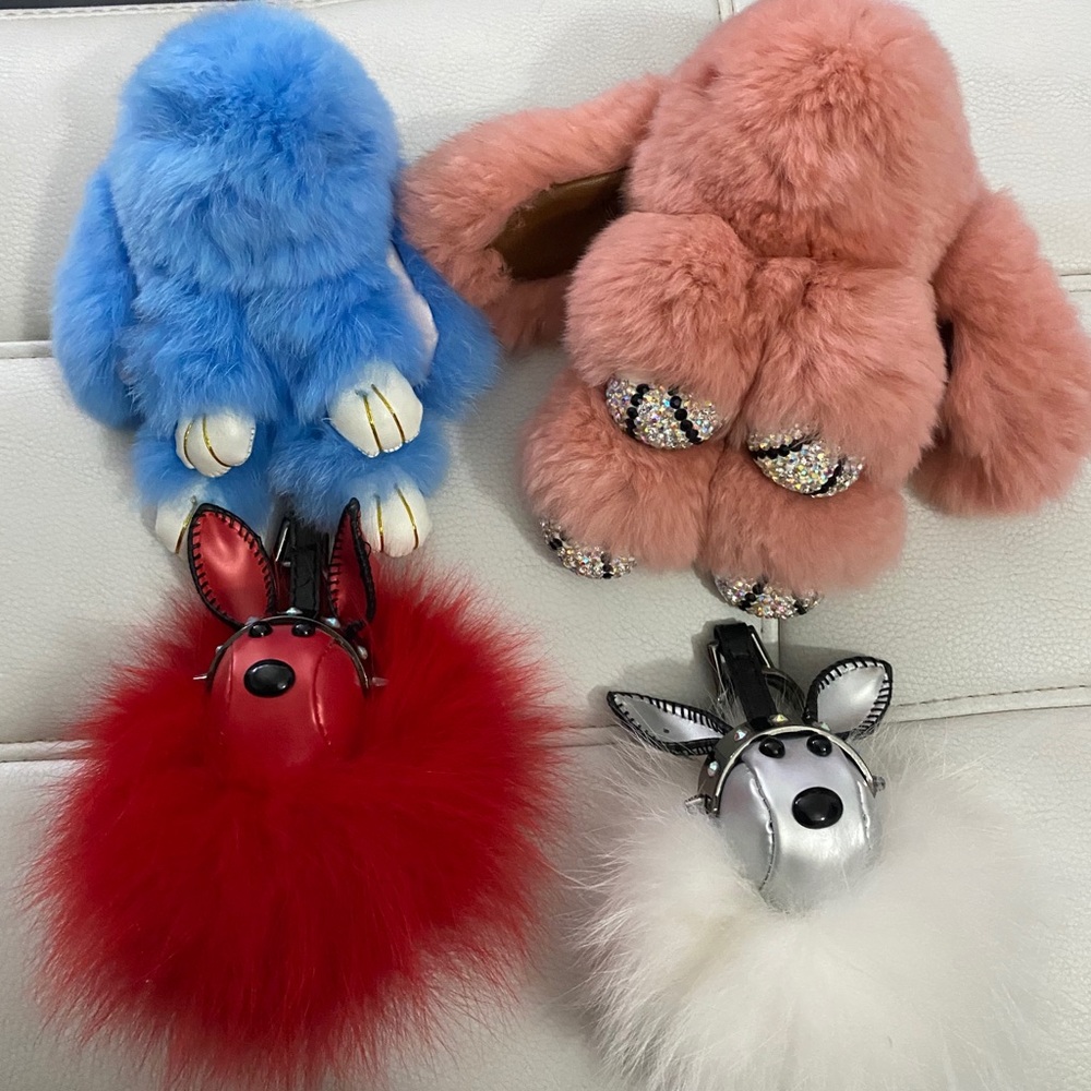 4pc Fluffy Bunny & Doggy rhinestones Keychains